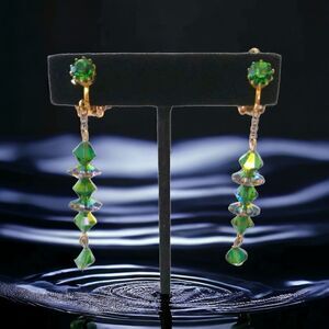 Vintage AB Crystal Earrings Dangle Drop Green Faceted Green Gold Tone‎ Art Deco.